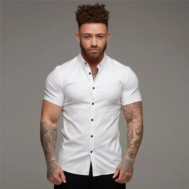 Men's Fashion Dress Shirt Summer Classic Slim Fit Button Short Sleeve Shirts