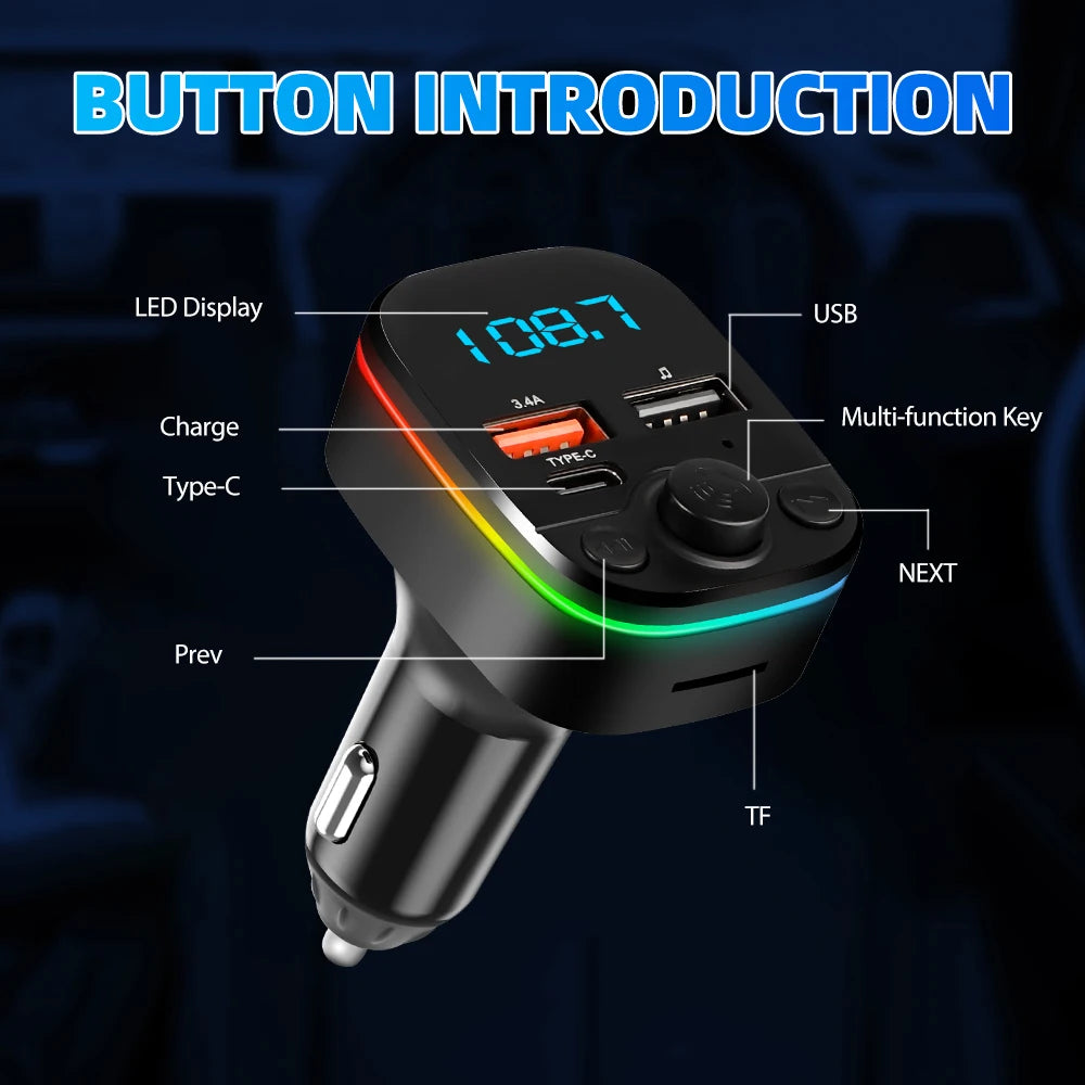 FM Transmitter Bluetooth 3.1A Type-C+Dual USB Port Car Charge Wireless Handsfree Call LED Aux Audio Radio Modulator MP3 Player