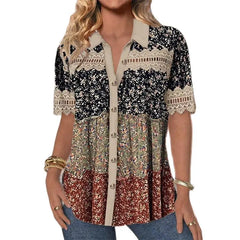 Women Vintage Ethnic Style Print Shirt Elegant Hollow Out Splicing Lace Short Sleeve Blouse