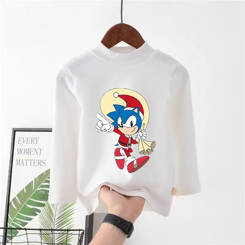 Sonics Print Long Sleevese Pure Color Women T-shirt Top Cotton Casual Cute Cartoon Anime Sweat Absorbent Breathable Shirt Kids