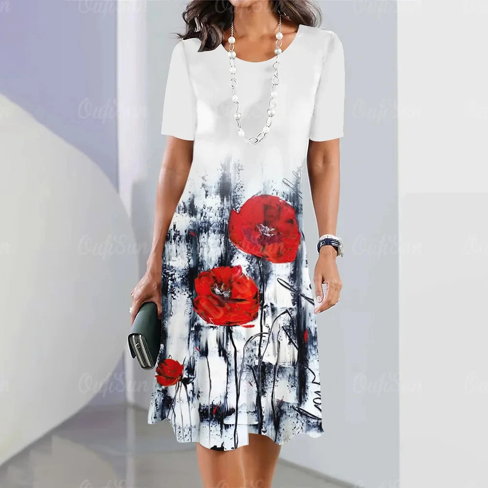 Short Sleeves Woman Clothing Dresses Retro Women's Clothing 3d Flowers Dress Loose Round Neck A-Line Skirts Summer Red Outfits