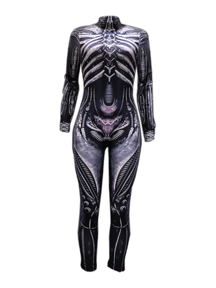 Scary Skull Jumpsuit Disguise Skull Skeleton Horror Terror Halloween Costume for Women Dresses Ghost Carnival Party Masquerade