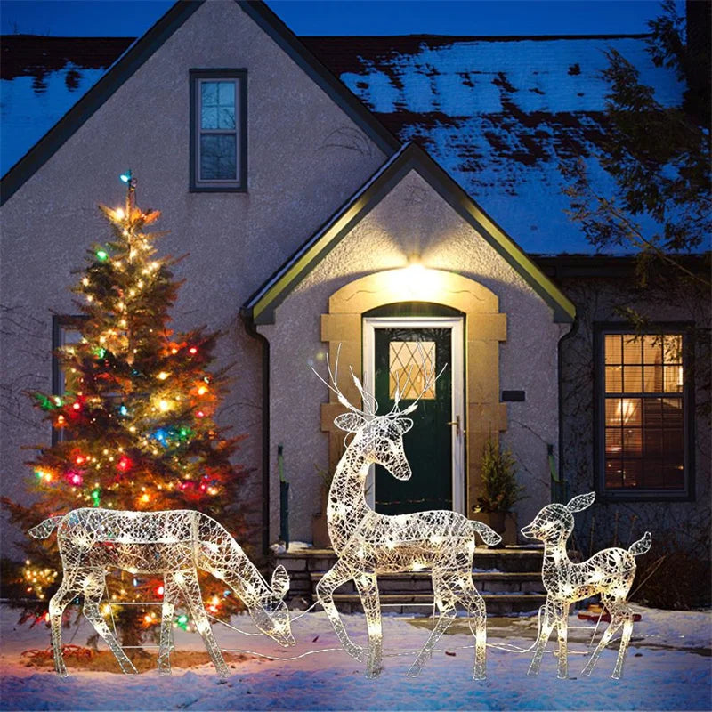 Iron Art Elk Deer Christmas Garden Decoration With LED Light Glowing Glitter Reindeer Xmas