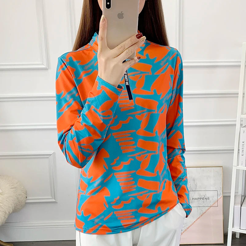 Women's Breathable Outdoor Sports Quick Dry Print Shirt Ladies Running Hiking Long Sleeve UV Clothing Camping Stand Collar Top