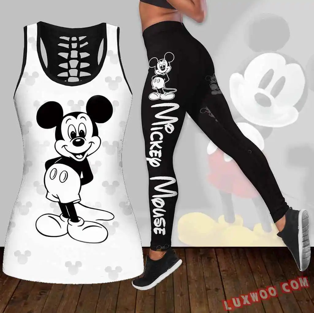 Disney Stitch Women's Hollow Tanktop Leggings Yoga Set Summer Fitness Leggings Tracksuit