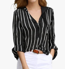 Women's New Spliced V-neck Button Pocket Striped Simple and Fashionable Printed Striped Shirt