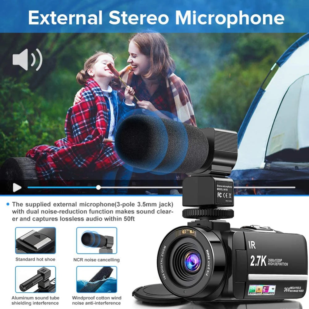 2.7K Camcorder Video Camera 36MP with LED Fill Light,16X Digital Zoom Camera Recorder