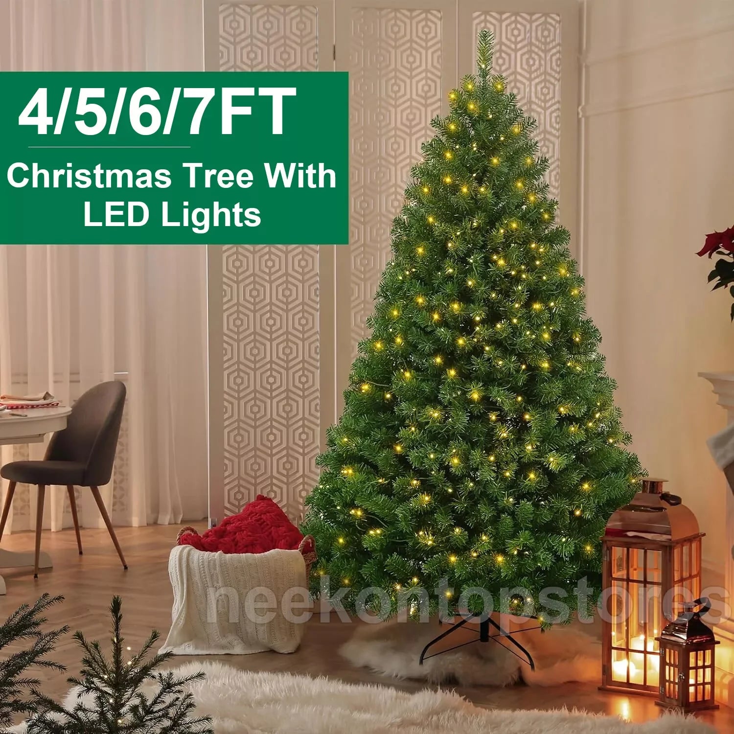 Christmas Tree Artificial Christmas Spruce 4/5/6/7 ft pine metal stand with LED lights