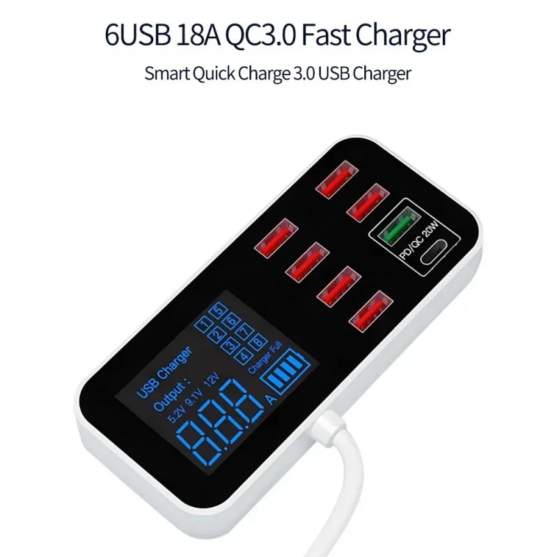 8 Port USB Charger HUB Quick Charge QC3.0 LED Display Multi USB Charging Station 40W Mobile Phone Desktop