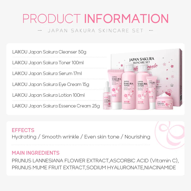 Laikou Sakura Skin Care Sets Facial Cleanser Eye Creams Face Cream Serum Lotion Toner Moisturizing Face Care Kit