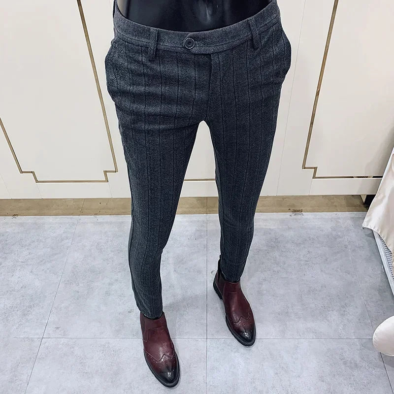 Autumn Winter Thickened Woolen Suit Pant High Quality Men Business Slim Striped Trousers Formal Wear Office Social Dress Pants