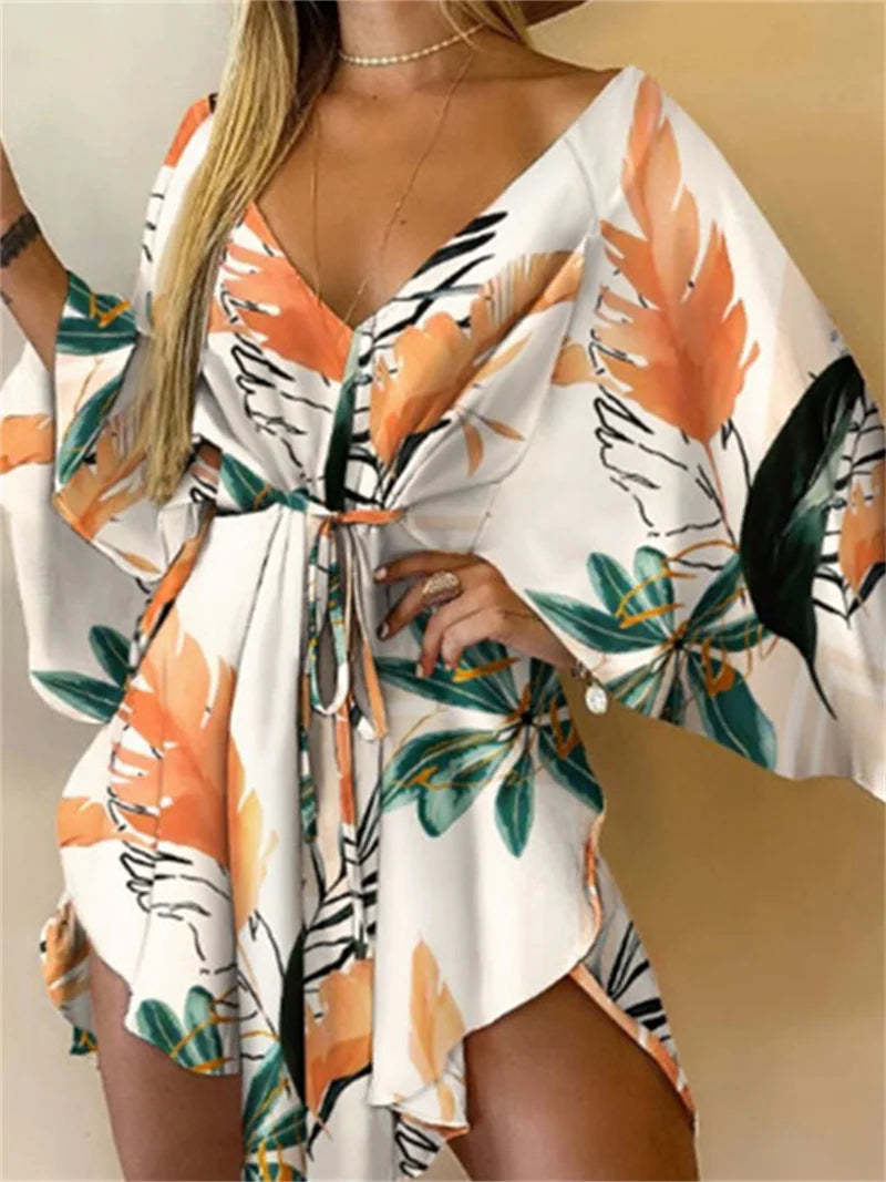 Women Print Dress V-Neck Bat Sleeve Ruffl Flowers Print Bohemian Beach Sundress Ladies Loose Summer Vacation Mini Dresses