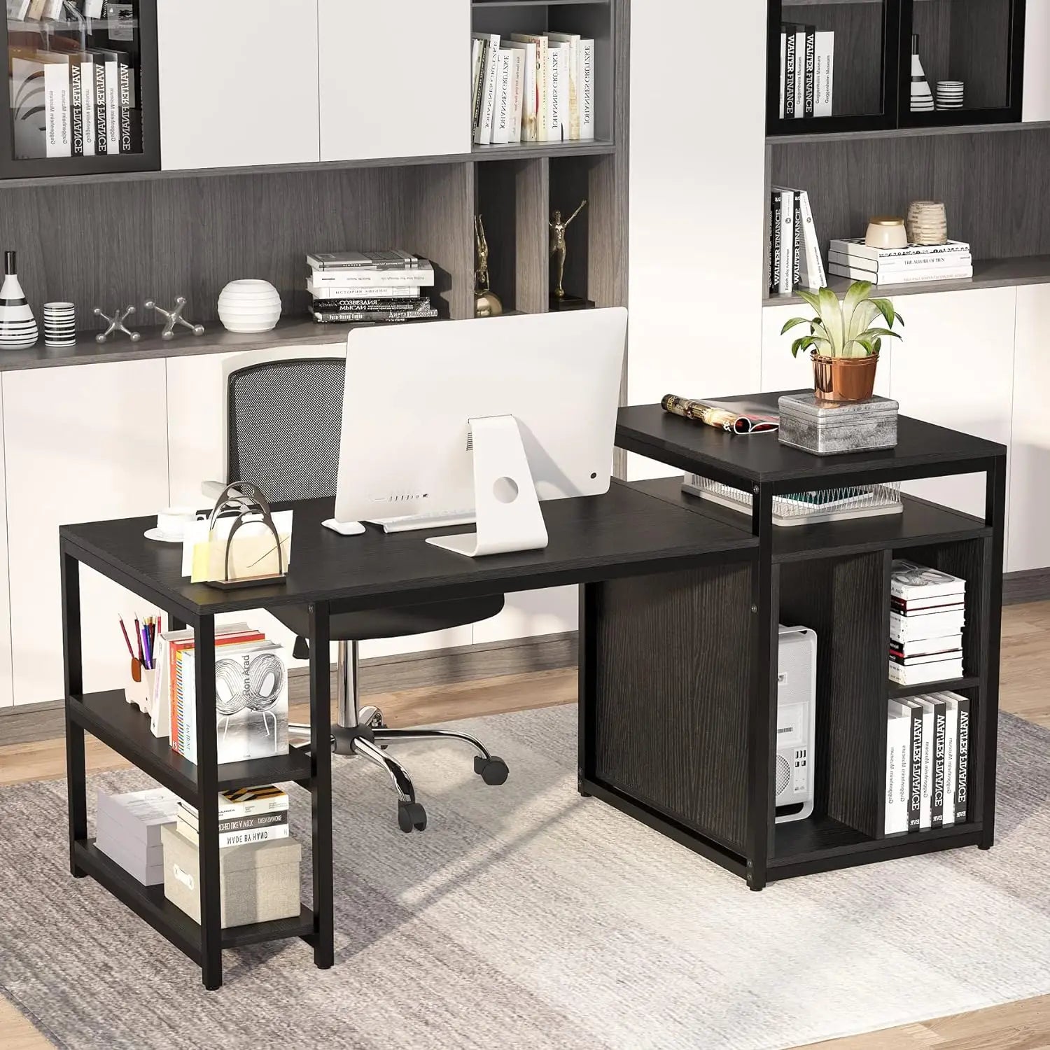 Computer Desk with Storage Shelf, Home Office Desk with Printer Stand & Cabinet Bookcase Combo, Black