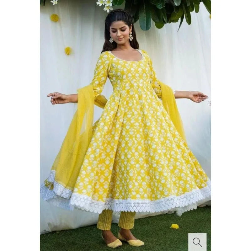 Full Seam Artificial Silk Printed Anarkali Yellow Kurti Pants and Dupatta Salwar Dress