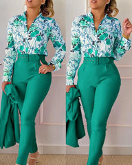 Elegant print shirt and pants two piece sets women