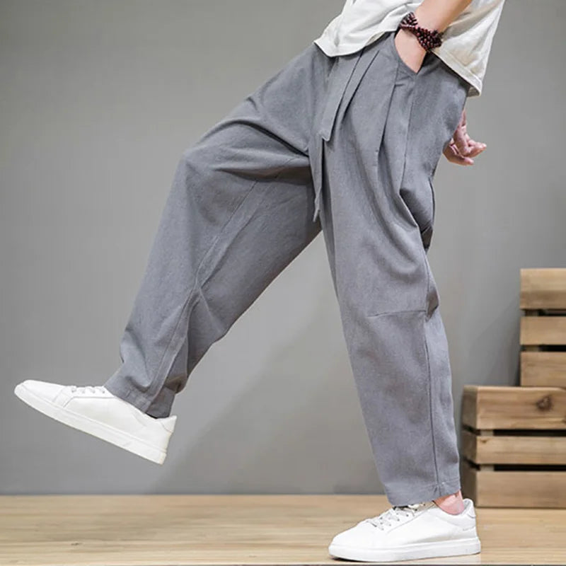 Spring Cotton Linen Pants Men Elastic Waist Casual Harem Pant