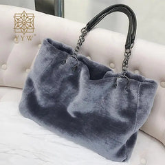Large Capacity Plush Tote Handbag Casual Winter Warm Soft Woolen Faux Fur Women's Bag