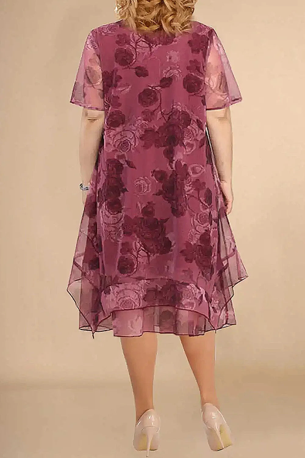 Plus Size Formal Fuchsia Chiffon Floral Print Layered Tea-Length Elegant Midi Dress