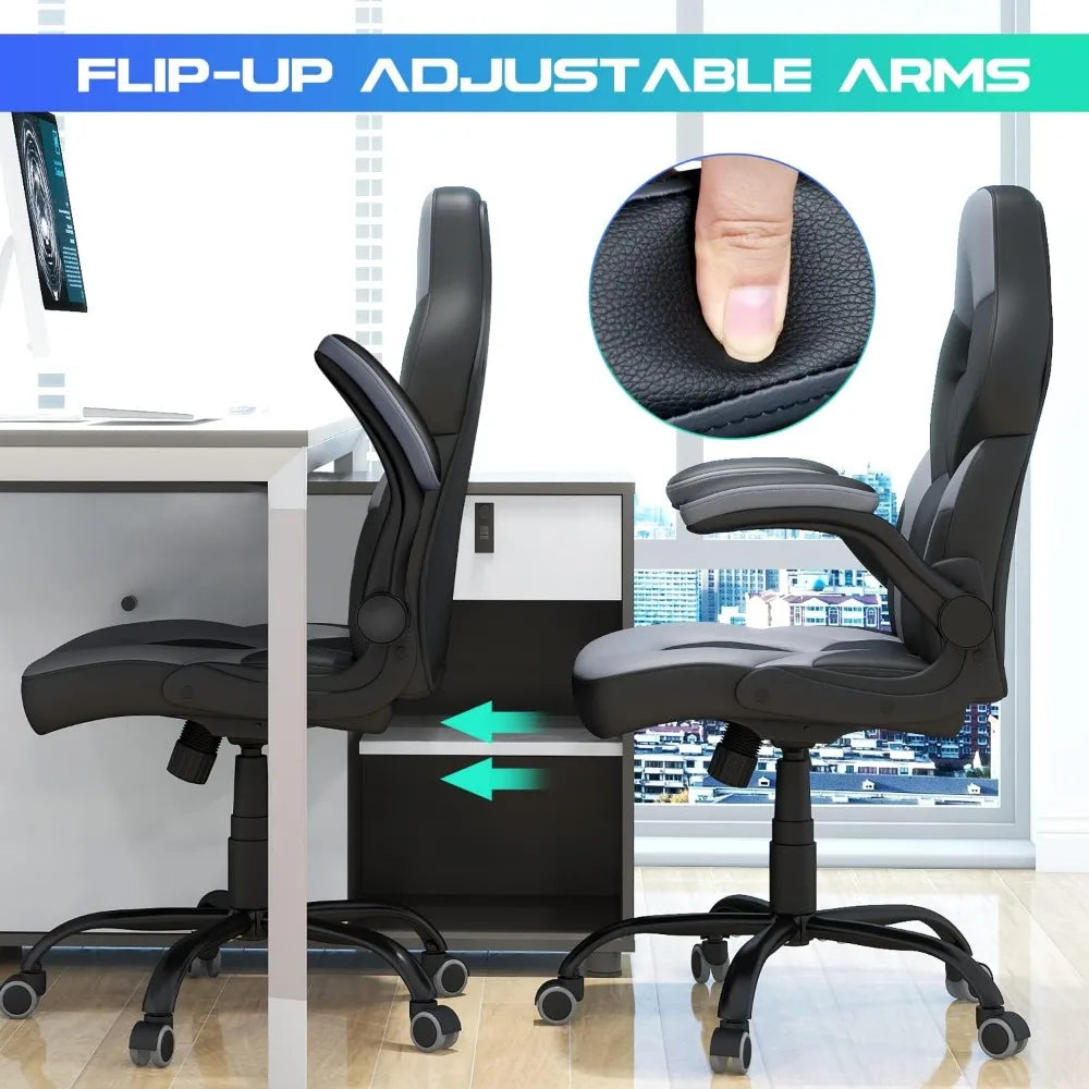 Office Gaming Chair with Flip Armrests, Ergonomic Computer Gaming Chair Bonded Leather Swivel Desk Chair