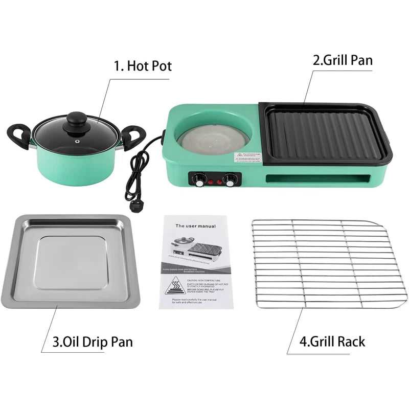 Multifunctional Electric Grills, Smokeless 3 in 1 Korean Style BBQ Hot Pot Multi cooker Machine, Non-Stick Electric Baking Pan