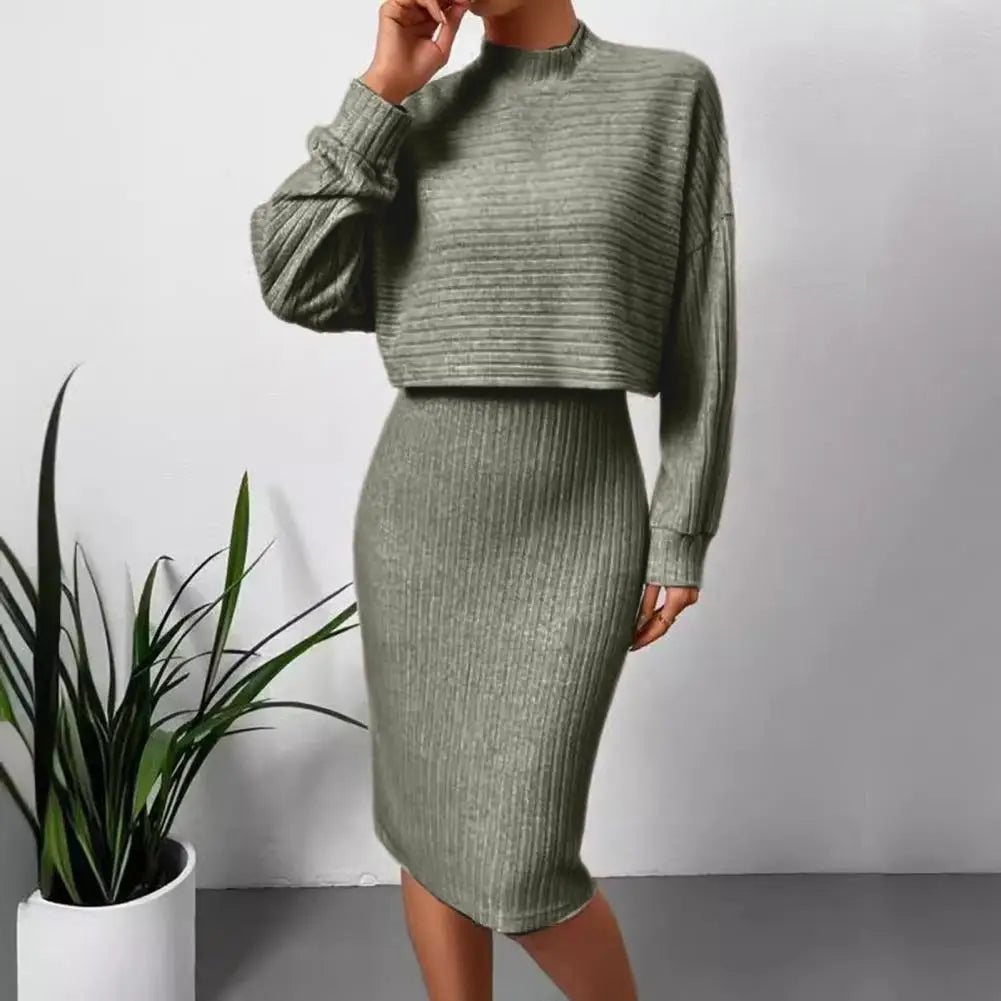 Women Outfit Sweater Top Dress Suit Mock Collar Thread Long Sleeve Blouse Sheath Slim Knitted Dress Set