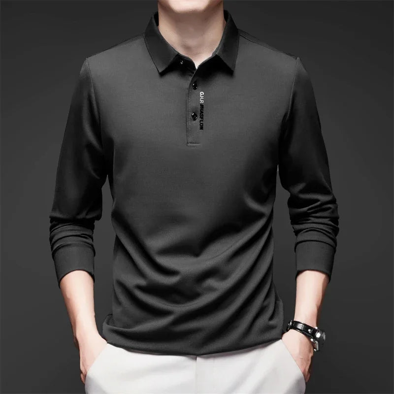 New Men's Business Casual Long Sleeved Shirt with Badge Solid Color Polo Shirt Fashionable Breathable Comfortable Versatile Top