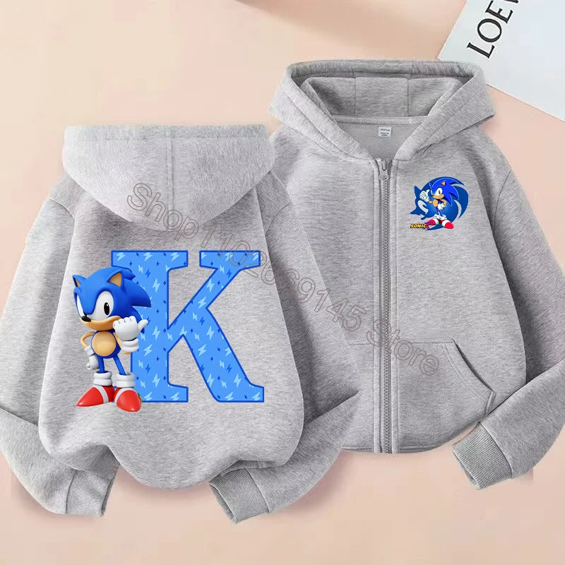 New Sonics Boys Zip-up Hoodies Kids Anime Hoodie Cartoon Letter Printed Tops Winter Warm Jacket Coat Autumn Children Clothing