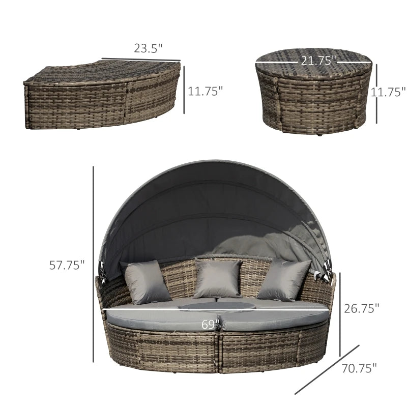 4-Piece Patio Furniture Set, Round Convertible Daybed or Sunbed with Adjustable Sun Canopy, Sectional Sofa