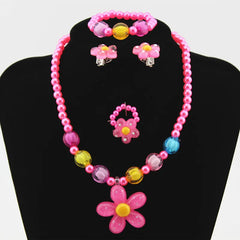 Baby Girls Imitation Pearls Jewelry Set Kids Sun Flower Necklace Bracelet Rings Flower Stud Earrings Children Party Jewelr Gift