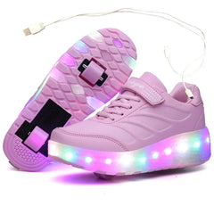 USB Charging Black Two Wheels Luminous Sneakers Led Light Roller Skate Shoes for Children