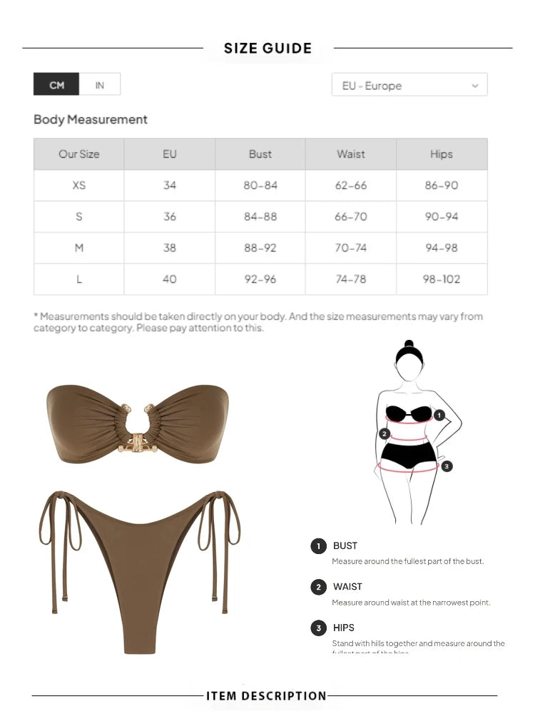 Women's Swimsuit Strapless Solid Bandeau Bikinis High Cut Tube Bikini Set Swimwear Push Up Tops Tie Side Bathing Suit Beachwear