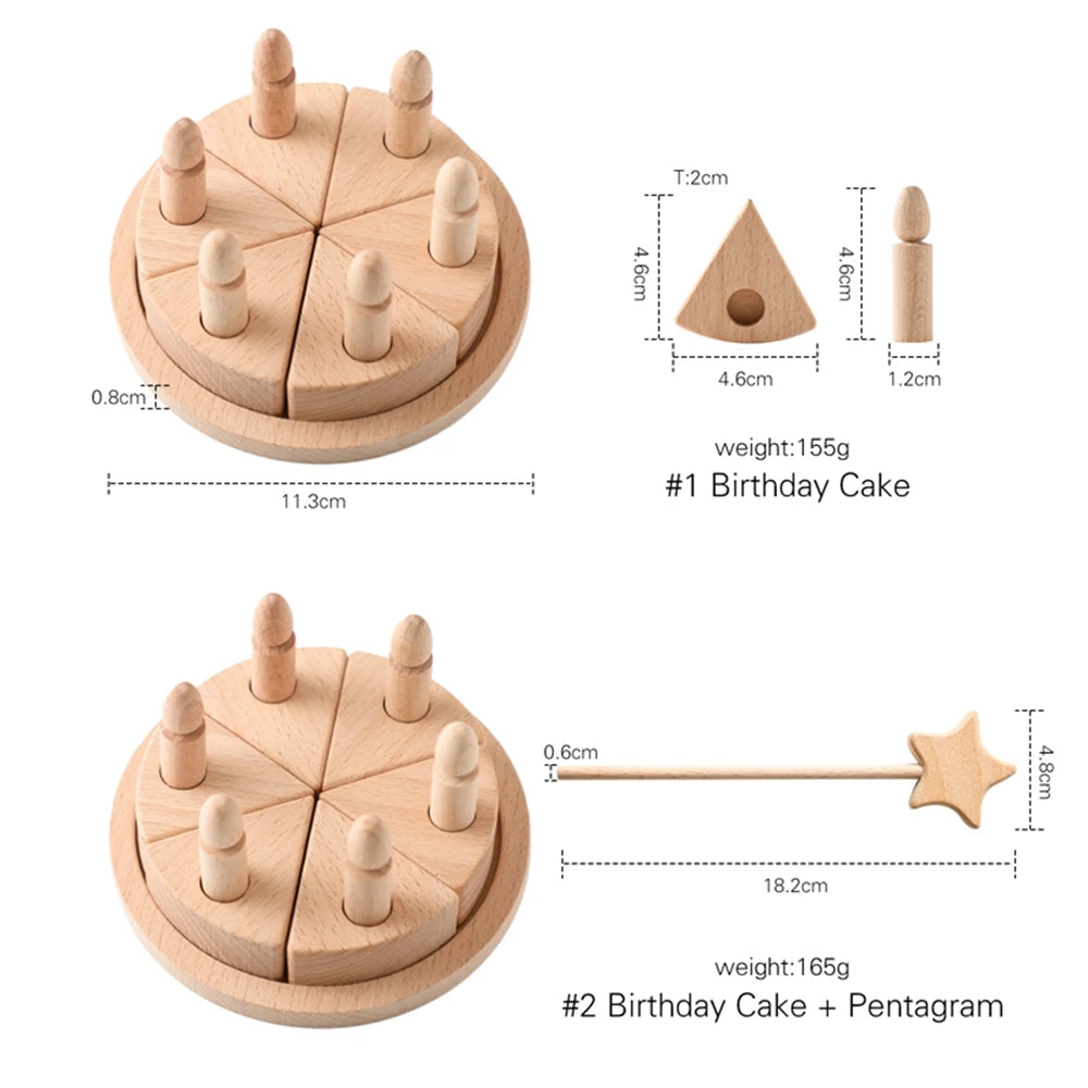 Wooden Block Toy Wooden Birthday Cake with Wooden Candles Educational Play Kids