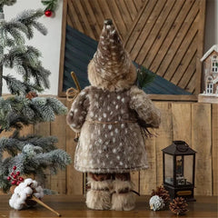 Christmas Holiday Gift Standing Handmade Plush Santa Figurine Collection Leopard Print Forest Brown Santa Claus Doll