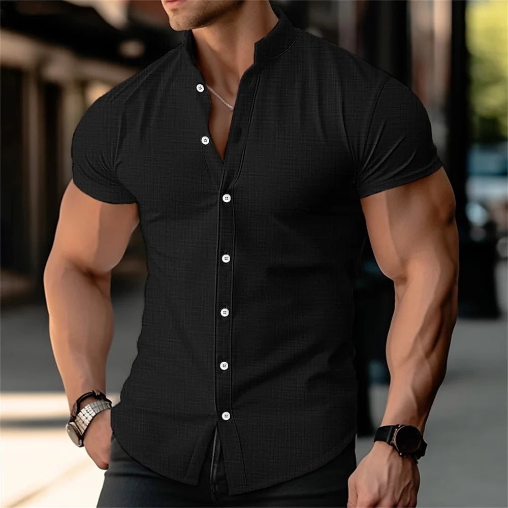 Men's Stand Up Collar Linen Shirt, Summer Beach Button, Black and White Pool, Orange Short Sleeved Shirt, Casual Daily Clothing