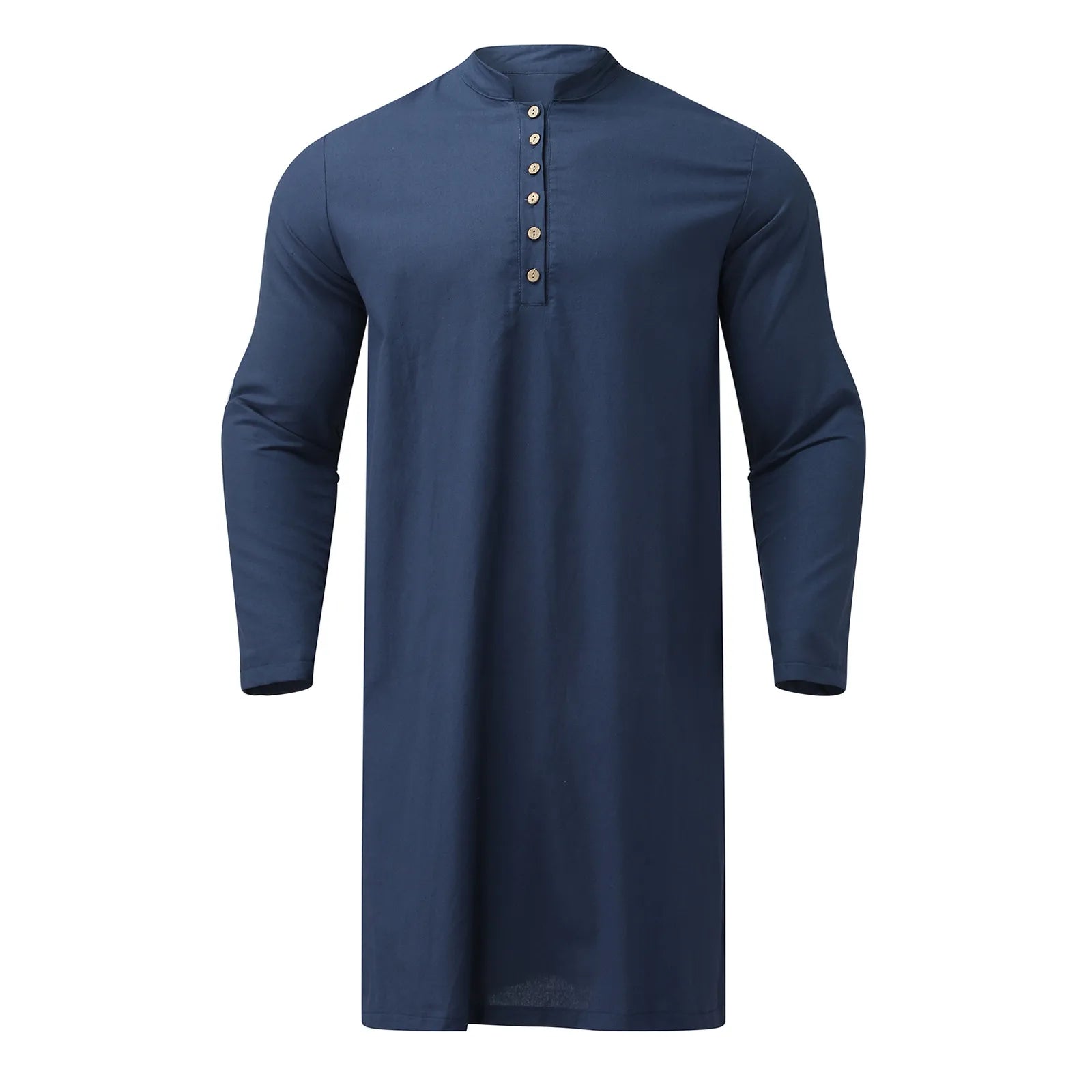 Men's Long Sleeve Button Jubba Thobe Casual Solid Stand Collar Muslim Long Robes Islamic Musulmane Kaftan Pakistani Dubai Tops