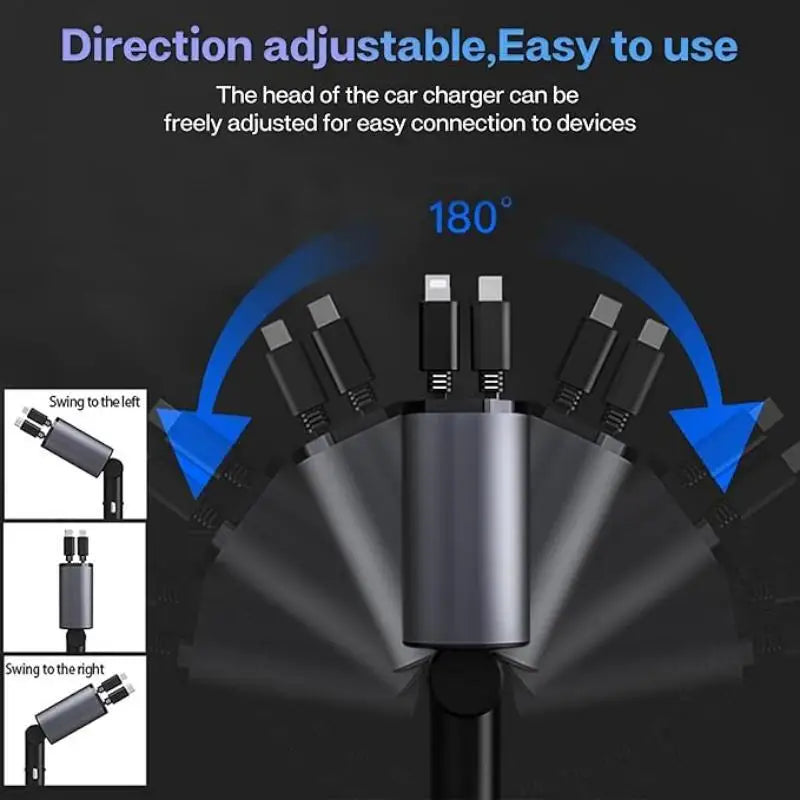 Retractable Car Charger, 4 in 1 USB C Car Charger 60W,Retractable Cables (2.6Ft) and 2 USB Ports Car Charger Adapter