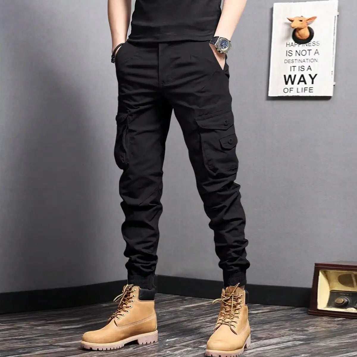 Casual Side Flap Pockets Workwear Tapered Pants, Men's Cargo Pants For Spring Fall Outdoor