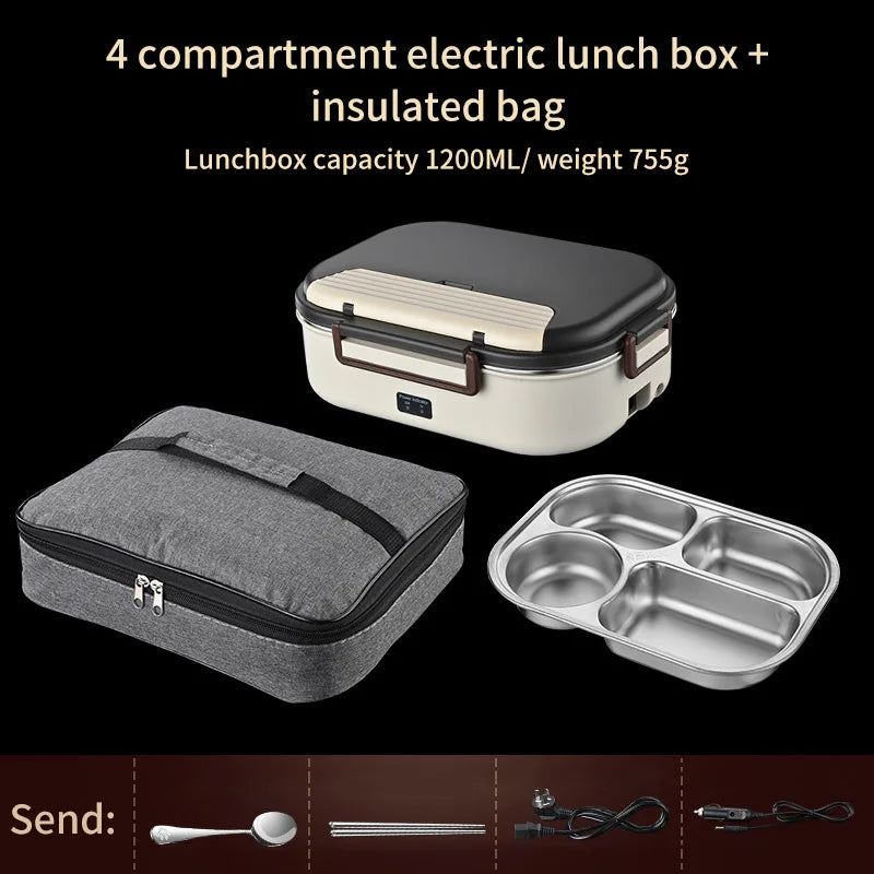 Electric Heated Lunch Boxes Stainless Steel Food Insulation Bento Lunch Box Home Car Keep Warm Lunch Box 1.2L, 12V/220V