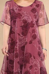 Plus Size Formal Fuchsia Chiffon Floral Print Layered Tea-Length Elegant Midi Dress