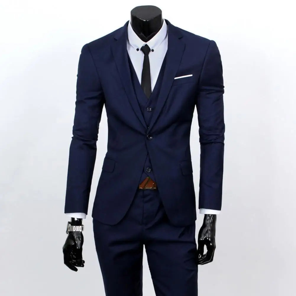 3 Pcs/Set Great Business Suit Wear-resistant Men Suit Set Sleeveless Waistcoat Solid Color Men Formal Suit  Slim Fit