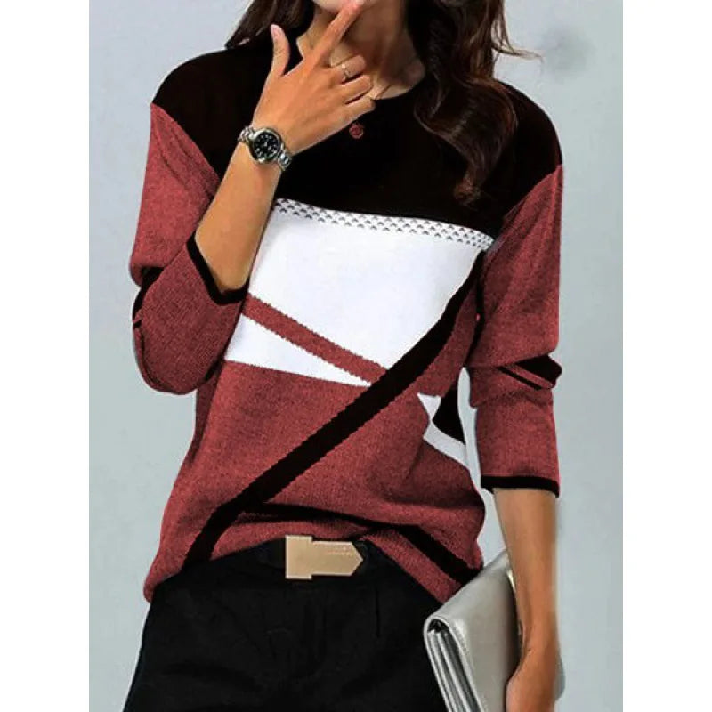 Women Winter Blouses T Shirt Geometric Contrast Long Full Sleeve Print Loose Women Shirts