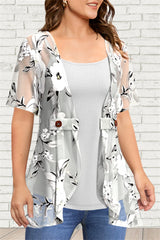 Plus Size Casual Grey Chiffon Floral Print Fake Two Pieces Blouse