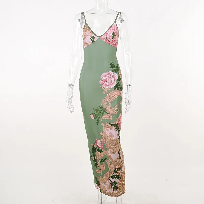 Sleeveless Floral Print Suspender Dress Women Fashion V-neck Slim Maxi Dresses