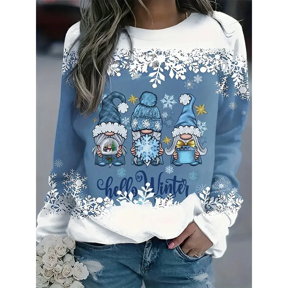 Christmas Women's Long Sleeve Tops Fashionable 3d Snowman Printed Loose Pullovers