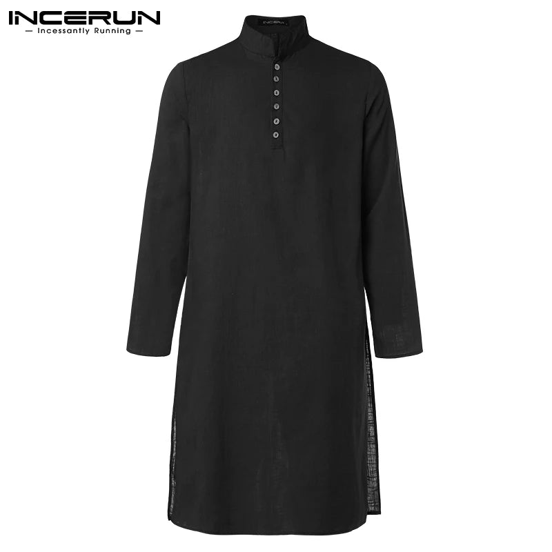 INCERUN Men Casual Shirt Cotton Long Sleeve Stand Collar Vintage Solid Stitched Long Tops Indian Clothes Pakistani Shirt S-5XL