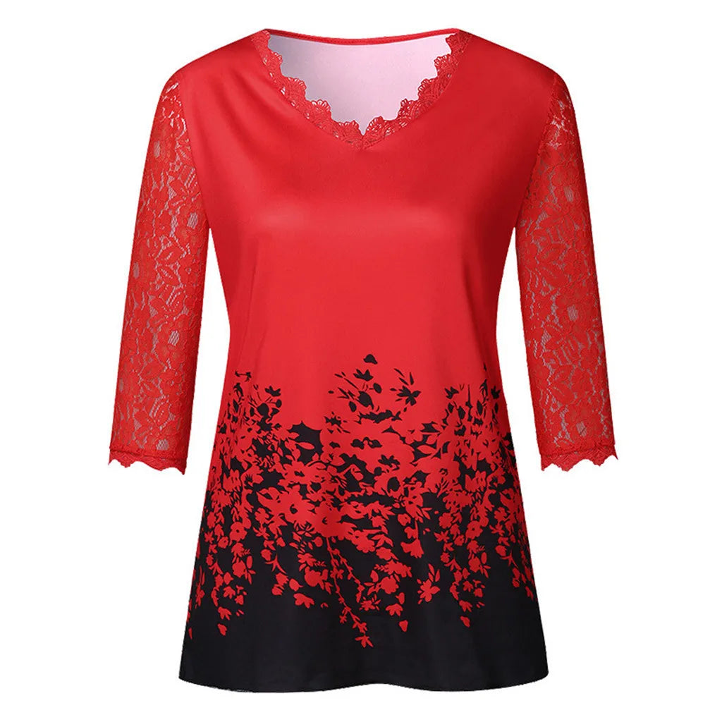 Women's Lace 3/4 Sleeve V Neck T Shirt Ladies Floral Blouse Tunic Tops Plus Size