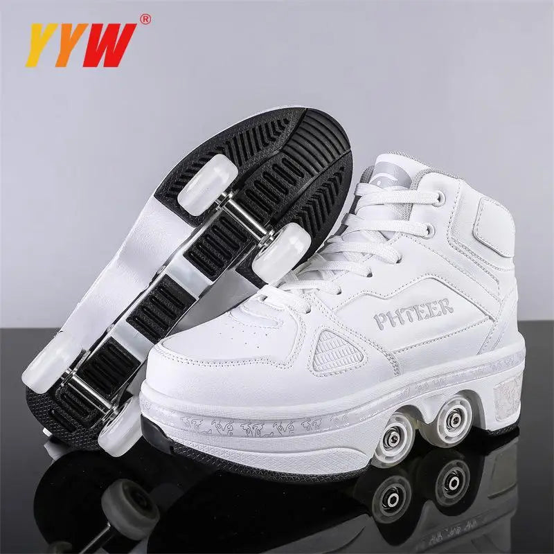 Casual Sneakers Walk Roller Skates Deform Runaway Four Wheel Skates for Adult Men Women Unisex Child Deform Wheel Parkour Shoes