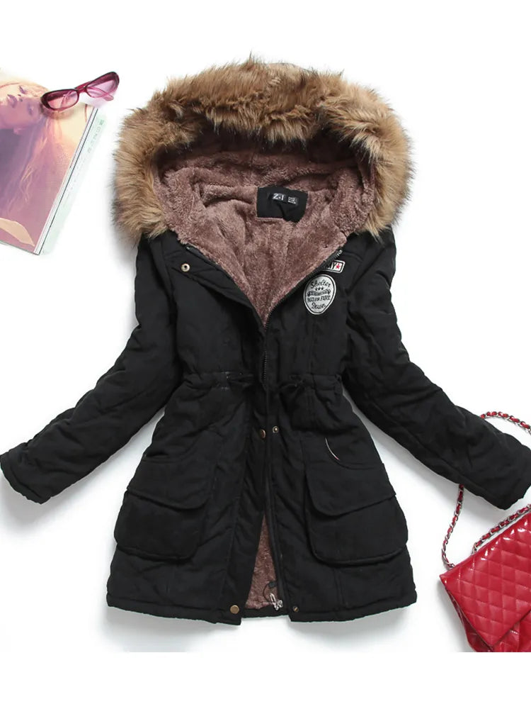 Military coats women cotton wadded hooded jacket medium-long casual parka