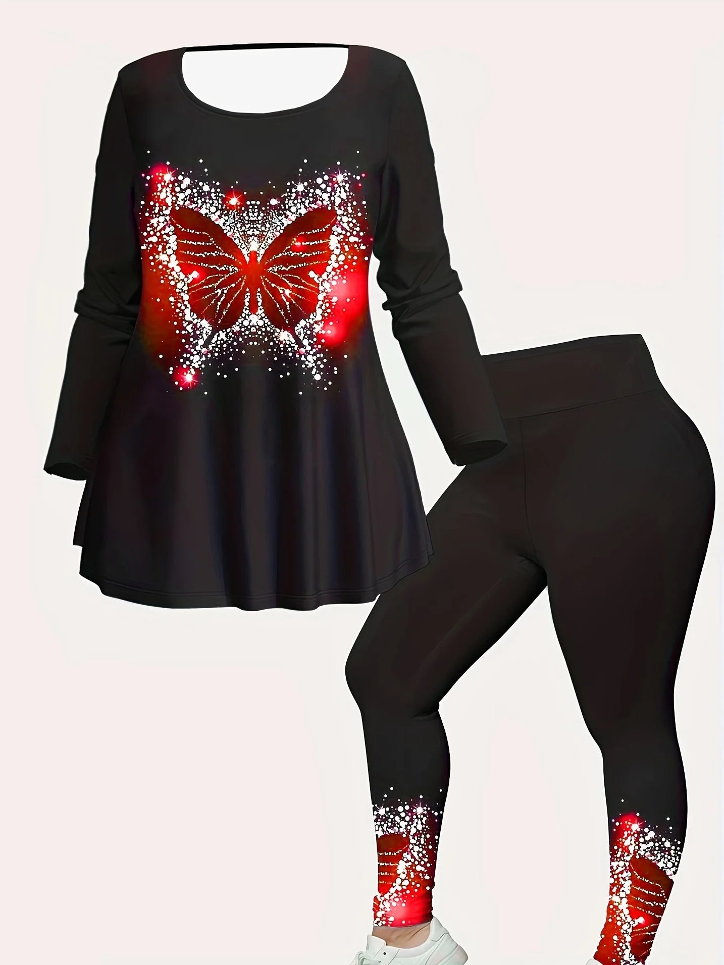 Women Matching Set Long Sleeve Spring Plus Size Black Butterfly Print Two Piece Top and Pants