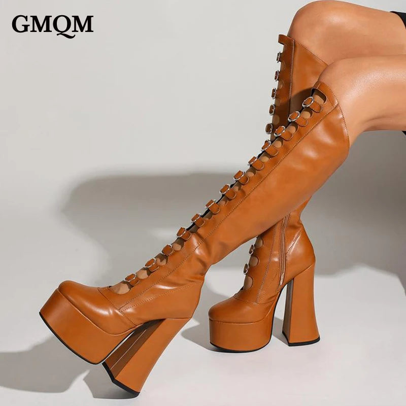 GMQM Platform Fashion Women‘s The Knee Boots High Heels Thick Sole Breathable Shoes Pumps Chunky Super Heel Round Toe Long Boots